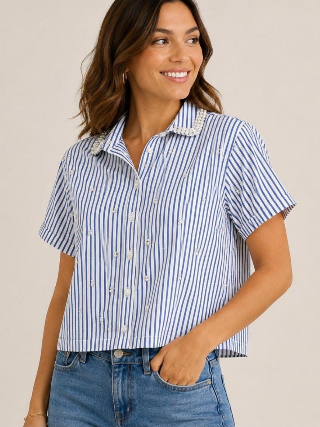 J. Crew Collection Cropped Short-Sleeve Shirt Striped With Pearl Details Size 8